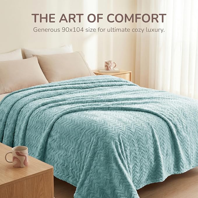 Exclusivo Mezcla Soft Fleece Blanket Queen Size for Bed, Sofa, Celadon | 90"x90" Breathable Lightweight Flannel Blanket for Summer, Plush Cozy Jacquard Wave for Home Decor