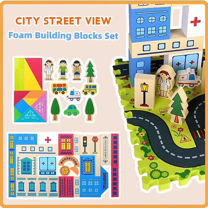 City Street View Foam Building Blocks Set for 2-4 Years Old, Town Construction Soft Stacking Blocks with Alphabet Letters Puzzle Playmat, Educational Learning Gifts for Kids 18+ Months