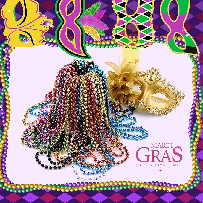 YAXINRUI 120 PCS White Mardi Gras Beads, 33" White Bead Necklaces Party Costume Necklace Round Parade Throw Beads in Bulk for Mardi Gras Christmas Festive Events, Party Favors
