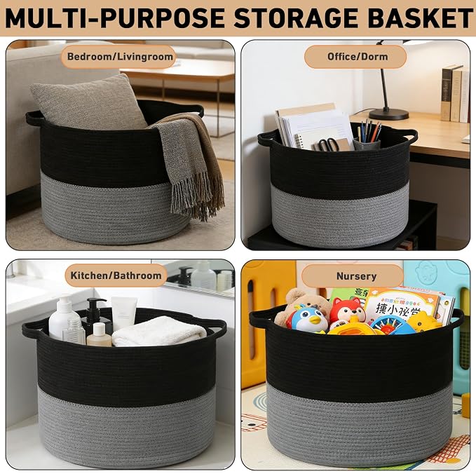 65L Large Blanket Basket,Woven Rope Laundry Basket-Black&Dark Grey | Collapsible, reinforced handles, nursery storage bin organizes clothes, toys and pillows for living room, bedroom bathroom