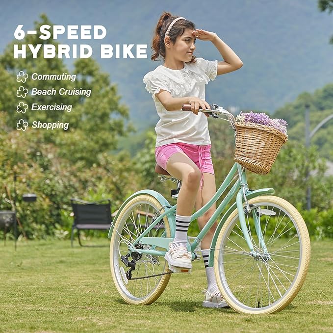 Glerc 20 24 26 Inch Beach Cruiser Bike, 6-Speed Hybrid City Bicycle for Girls Youth and Over 6 Years Old, Missy Bike with Wicker Basket & Lightweight, Multiple Colors