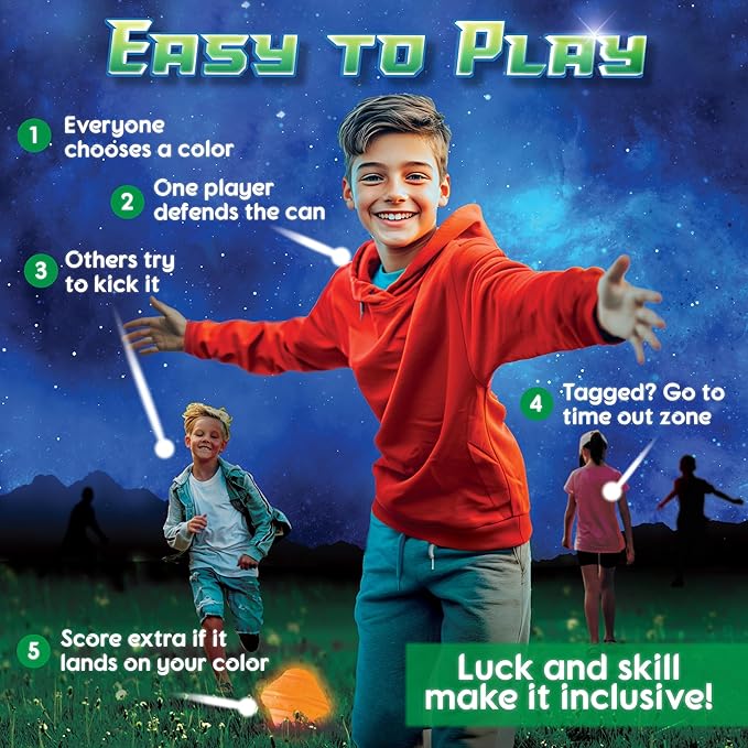 Starlux Games Cosmic Kick The Can: Outdoor Play with a Galactic Twist | Ages 5+, 4-12 Players| Glow in The Dark Toys for Kids 8-12 | Outside Games for Families | Light up Sports | Gifts for Boys