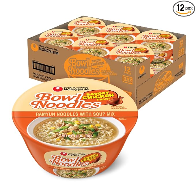 Nongshim Savory Chicken Noodle Soup Instant Ramen, 12 Pack, Microwaveable Bowl Soup Mix, Korean Ramyun with Cabbage & Carrots, Sabor a Pollo