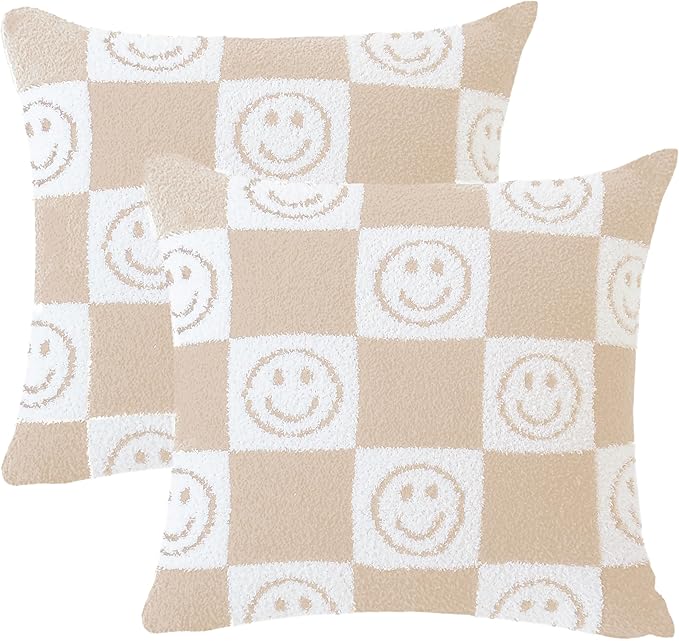 Pack of 2 Ultra Soft Cozy Happy Smiling Face Checkered Knitted Throw Pillow Cover Fluffy Microfiber pillocase Decorative for Sofa Bed 18 Inches Both Sides (Cream)