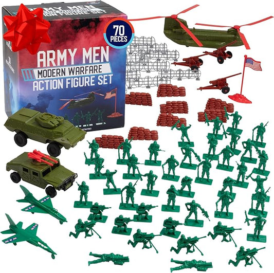 Army Men Modern Warfare Action Figures- Large 70pc Set- Military Toy World War II Soldiers Playset with Weapons, Gear, & Accessories, Combat & Army Toys for Boys- Great for Playtime, Dioramas, Gifts
