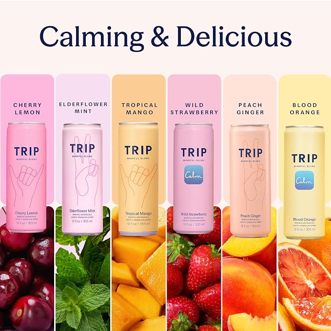 TRIP Lightly Sparkling Adaptogen Seltzer, Non-Alcoholic Mocktail with Magnesium, Ashwagandha, Lions Mane & L Theanine, No Added Sugar, Vegan, Party Variety Pack, 12 Oz, 12Pk