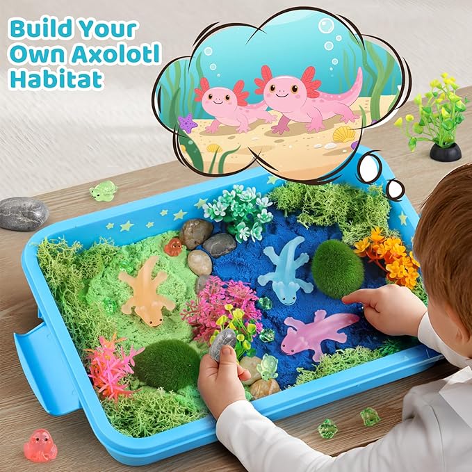 Kaelinda Axolotl Sensory Bin for Kids - Axolotl Toys Sand Sensory Bin with Lid, Art and Craft Axolotl Gifts Sensory Bin Sand for Kids Boys Girls 3-4 5-8 8-12 Birthday Christmas Gifts