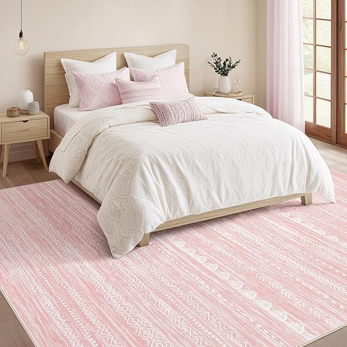 Nakagishi Boho 6x9 Area Rug Living Room Rugs Machine Washable Pink | Soft, Pet & Kid Friendly, Carpet for Living Room/Bedroom/Office/Kitchen/Nursery, Daily Home Decor Stain Resistant Moroccan