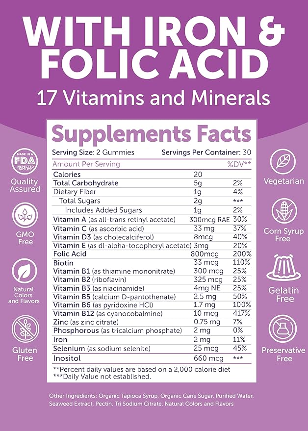 Lunakai USA Made 17-in-1 Prenatal Vitamins for Women with Iron & Folic Acid – Delicious Daily Prenatal Gummies for Maternal Wellness Support - 3 Pack