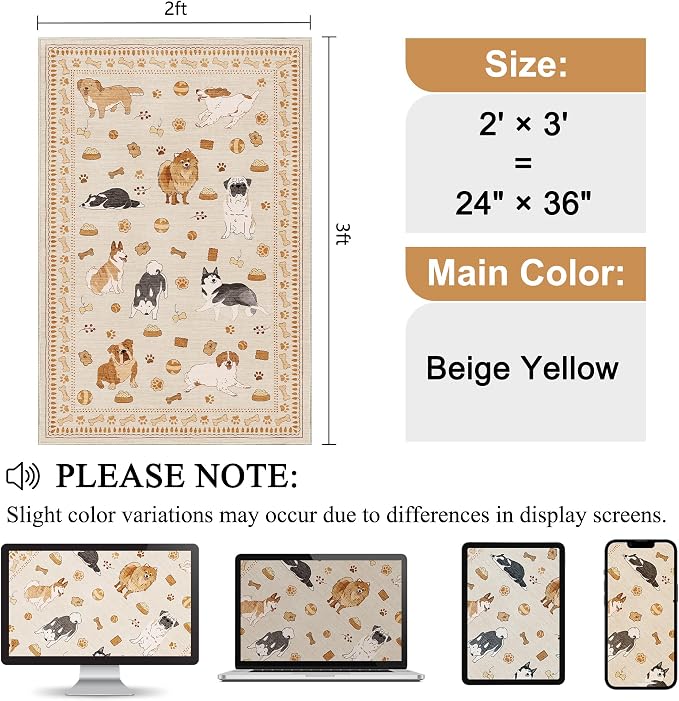 DUKINO 2x3 Bathroom Rugs, Washable Dog Kitchen Rug Non Slip, Beige Yellow | Low Pile, Stain Resistant Soft Indoor Door Mat, Small Front Door Animal Throw Carpet for Entryway Bedroom Farmhouse Kids Room