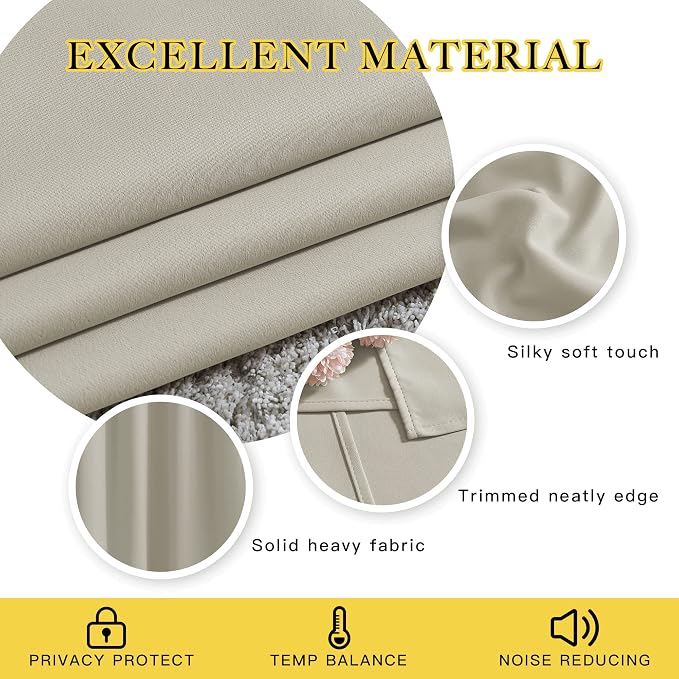 NICETOWN Bedroom Blackout Curtains 63 inches Long - Window Treatment Thermal Insulated Solid Grommet Room Darkening Voice Reducing Drapes for Living Room (Natural, Set of 2, W37 x L63)