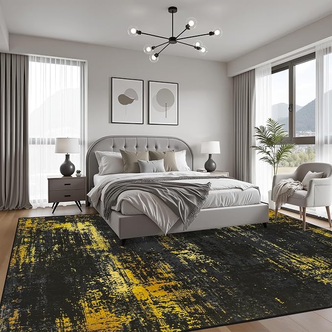 9x12 Area Rug Living Room Rug: Washable Modern Abstract Soft Thin Rug Indoor Floor No Slip Carpet for Bedroom Dining Room Farmhouse Nursery Home Office - Dark Black Gold