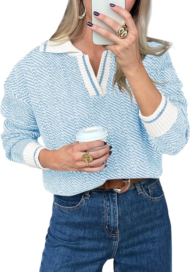 Saodimallsu Womens Fall Sweaters Tops Lapel V Neck Knit Color Block Shirt | Winter,Long Sleeve,Casual,Soft,Pullover,Cozy,Ribbed,Ladies,Chunky,Warm Sweaters,Checkered,Tunic,Work