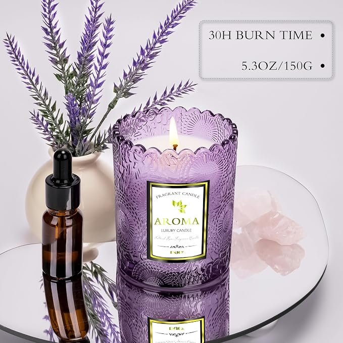 Lavender Scented Candle, Purple Glass Jars - 100% Natural Soy, 5.3OZ, 30HR Burn Time Aromatherapy for Home, Gift for Women & Men, Stress Relief