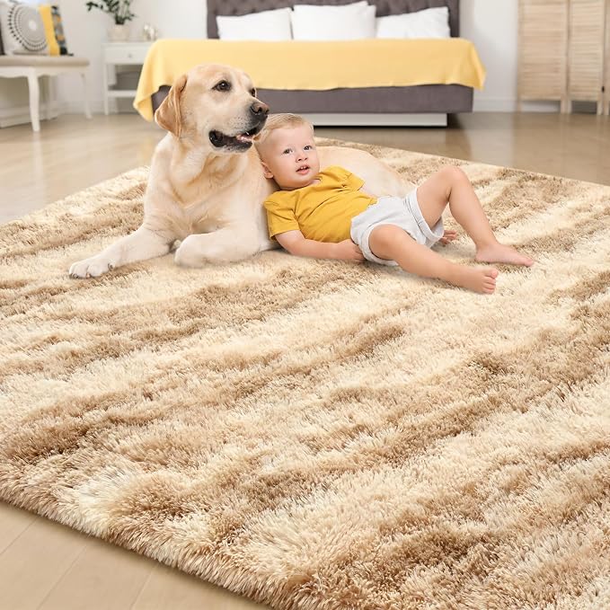 Tepook Fluffy Large Rugs for Living Room, Area Rug 6x9 Soft Carpet for Bedroom, Modern Shaggy Rug for Kids Boys Girls, Plush Indoor Nursery Home Decor Rug with Non-Slip Bottom, Beige Brown