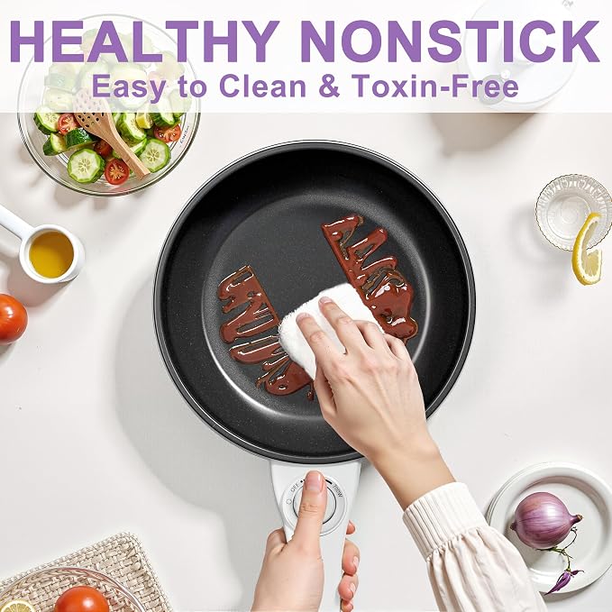 Dezin Hot Pot Electric with Steamer, 1.5L Non-Stick Portable Electric Pot | Dual Power, Upgraded 700W Electric Pot for Cooking Steak, Egg, Ramen Cooker for Dorm, RV, Office, Easy to Clean, Purple Pan