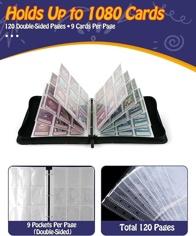 Trading Card Binder, 9-Pocket, Holds 1080 Cards, 120 Pages Side-Loading Card Album, PU Leather, Acid-Free Archival Sleeves, Durable Organizer for MTG, TCG & Sports Cards, Gift for Kids, Boys and Girls