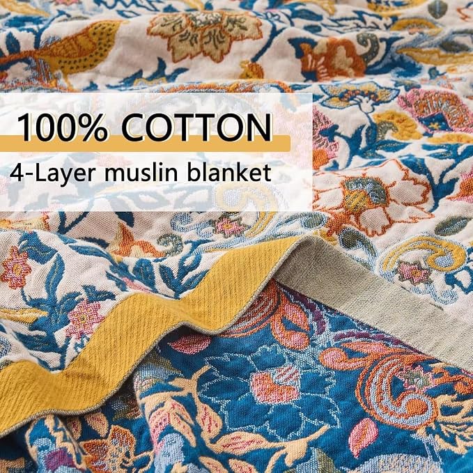 Boho Throw Blanket Farmhouse Decor Throw Blanket Bohemian Blanket for Bed 100% Cotton Muslin Woven Couch Blanket All Seasons Quilt Bedroom (A-Whiite, 80"x90")