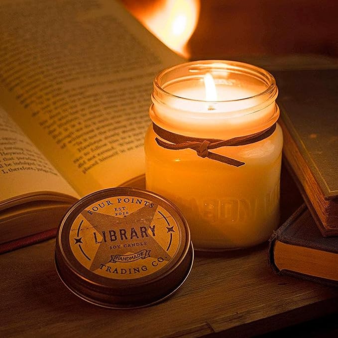 Four Points Trading Company Candles - Library Scented Aromatherapy Candles - Perfect Candle for Women or Men - Great for Birthday, Grandma, Mom, Home and Apartment Decor - 100% Soy Candle - 8oz