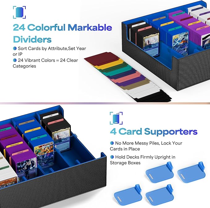 UAONO Trading Card Storage Box, Holds 2400 Sleeved Cards with 24 Dividers & 4 Stoppers, Magnetic Closure PU Leather Card Case for MTG, PTCG, YGO, Sports Cards (Black&Blue)