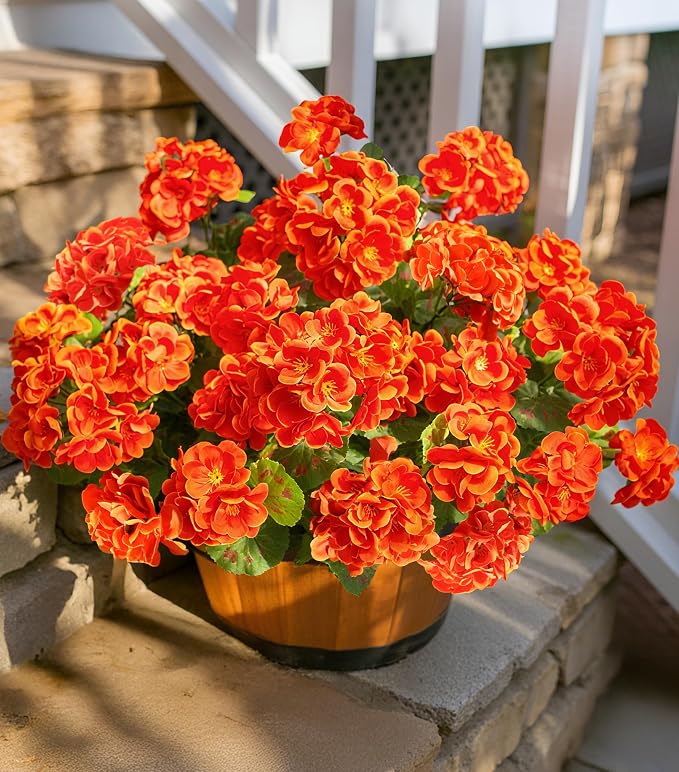 Fake Geraniums Artificial Flowers for Outdoors Fall Autumn Decoration, 6 Bundles Silk Geraniums UV Resistant Look Real Orange Faux Flowers Plants for Front Door Garden Planter Patio Balcony Yard Home