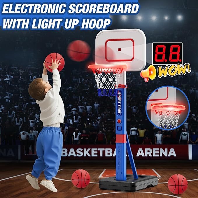 Toddler Basketball Hoop with Scoreboard/LED Basketball Rim/4 Balls, 55" Height Adjustable Basketball Hoop for Kids 3-5, Indoor Outdoor Sport Toys Birthday Gifts for Baby Boys Girls