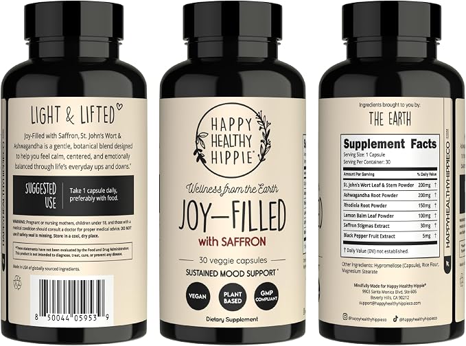Joy-Filled with Saffron Mood Support Supplement — Daily Mood Support with 30mg Extract + Ashwagandha, Rhodiola, St. John's Wort, Lemon Balm | Saffron Supplements for Emotional Support, Vegan, 30 Ct