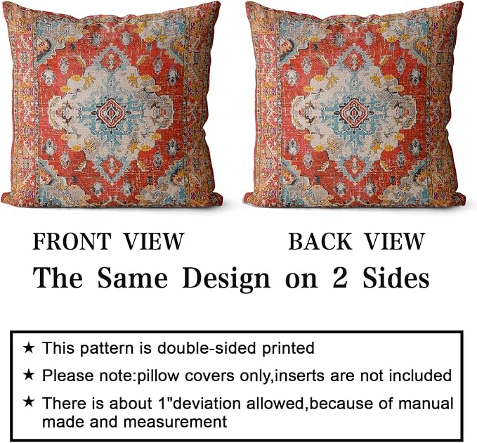 Snycler Boho Throw Pillow Covers 20x20 inch Set of 2 Boho Rug Carpet Double Sided Pattern Cotton Soft Pillow Case Cushion Cover Pillowcase for Couch Sofa Bed Decorative (Orange)