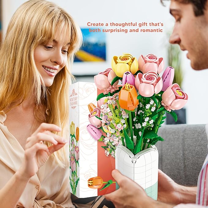 Flowers Bouquet Building Set Tulips Camellia with Vase for Adult -1011pcs