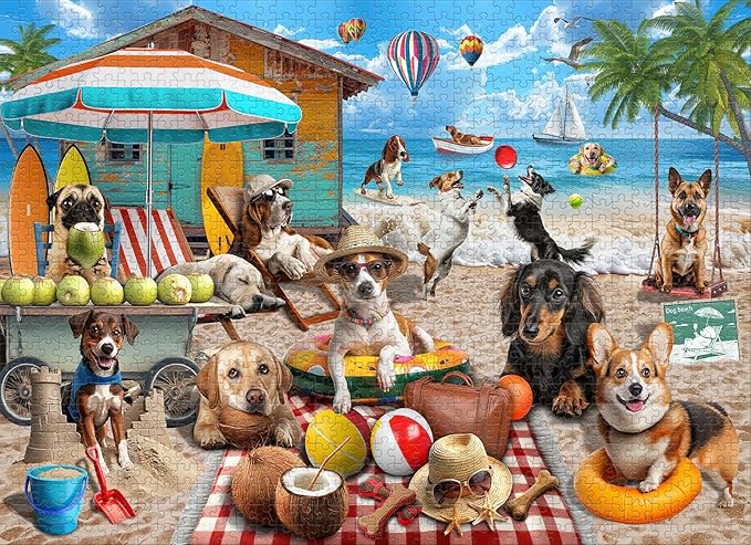 1000 Piece Jigsaw Puzzle for Adults - Dog Days at The Beach, Vacation Scene with Coconut Hut, Hot Air Balloons, and Playful Details, Fun and Challenging Jigsaw by Naturelish, 26.65 x 19.25 in