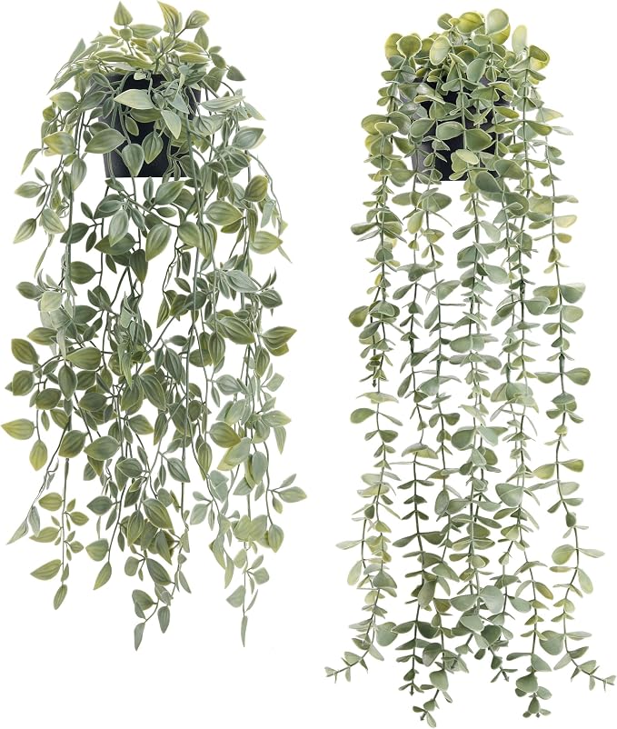 Der Rose 2Pcs Fake Hanging Plants with Black Pot for Bathroom Shelf Decor | Boho cascading eucalyptus and mandala vine creates a modern natural accent, adding depth to office, bookcase, bedroom decor