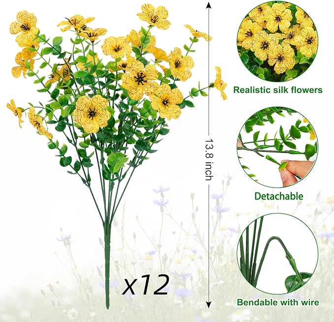 Ouddy Decor 12 Pcs Artificial Flowers for Outdoors Decorations, Yellow | Lifelike silk flowers, UV resistant, faux plastic plants, for garden porch window table vase home indoor outdoor decor