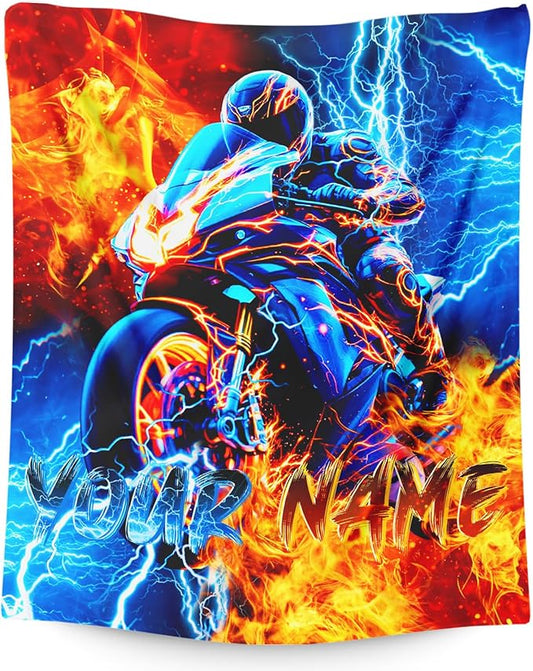 Boys Blanket Personalized Motorcycle Throw Blankets Gift for Kids Teens, 40x50 Inches Lightweight Cozy All Season Custom Throw for Sofa Chair Bed Office Home Decor
