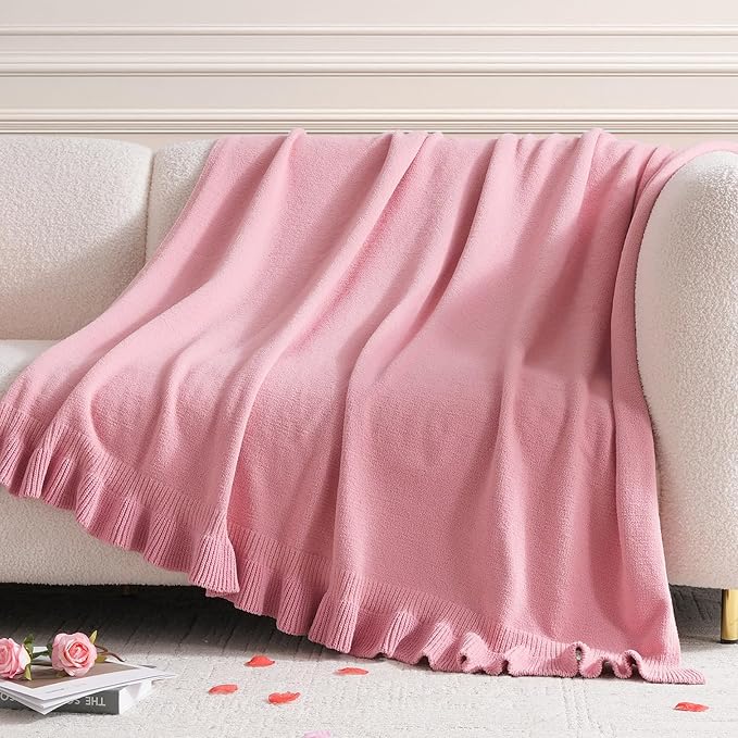 Ultra Soft Ruffle Knit Chenille Throw Blanket for Couch & Bed, Cozy Flowers Blankets for Home Decor, Gifts for Women Mom Sister on Mother's Day Valentine's Day Birthday, 50"x60", Pink