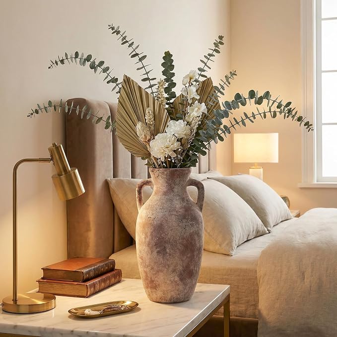 Ceramic Flower Vase with Handles,12" Neutral Tall Clay Terracotta Vases Farmhouse Table Vases with Handle Living Room Decor Rustic Pottery Pots for Home Shelf Coffee Dining Desk Fireplace