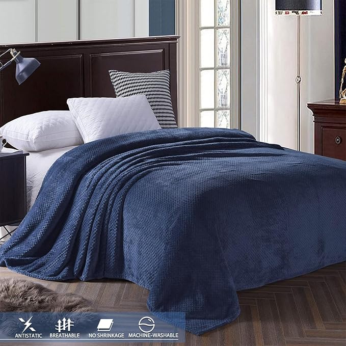 Exclusivo Mezcla Soft Waffle Fleece Bed Blanket Twin Size, Navy | Lightweight Plush Blanket for Bed, Couch, Sofa, Cozy Fluffy Design for Bedroom, Guest Room, All Season, 60x80 Inches
