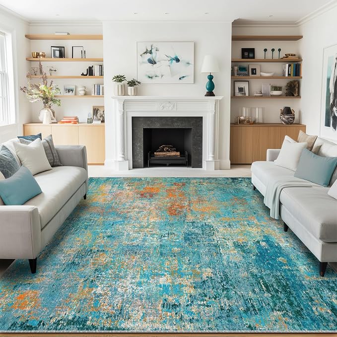 RELEANY Washable 5'x8' Abstract Area Rug for Living Room Teal Multi | carpet for bedroom, kitchen, office, hallway and entryway, printed pattern, non-slip, soft, stain-resistant, easy to clean