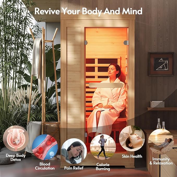 ENSTVER Infrared Wood Sauna 6.4Ft 1-2 Person, Luxury Full Spectrum Far Infrared Sauna Features Low EMF 1745w 7-Light Dynamic & Music Speakers, Canadian Hemlock Dry Indoor Saunas for Home & Gym