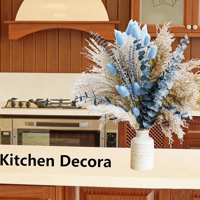 Dusty Blue Dried Flower Bouquet with Pampas Grass, Bunny Tails, Lavender and Eucalyptus, Beige Boho Floral Arrangement for Vase, Wedding Centerpiece, Bedroom and Coastal Home Decor