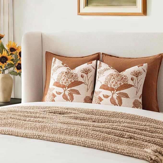 Foindtower Set of 2 Linen Floral Throw Pillow Covers Vintage Accent Print Decorative Cozy Cushion Covers Farmhouse Boho Home Decor for Sofa Chair Couch Bedroom Living Room,22×22 Inch,Autumn Orange