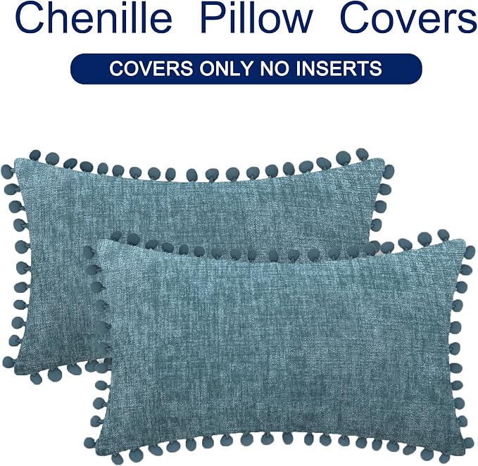 CaliTime Decorative Couch Throw Pillow Covers 20 X 12 Inches Smoke Blue | Pack of 2, Cozy Chenille Cushion Cases, with Pom Poms for Sofa Bed Living Room Farmhouse Home