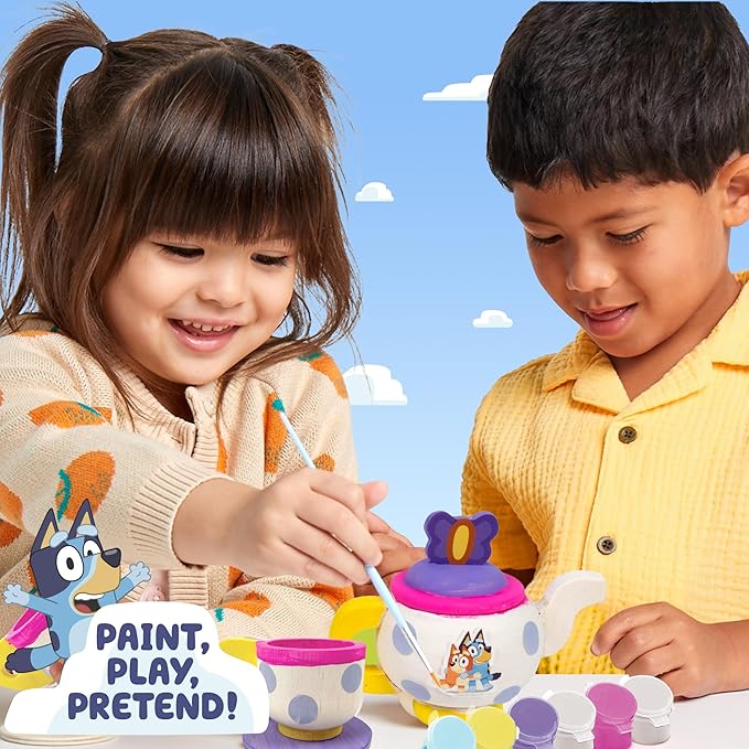 Bluey Paint & Play Tea Party, 6-Piece Wooden Tea Set, Customize with Paint & Stickers, 2 Wearable Crowns, Fun Toys for Kids, Cute Birthday Party Decorations, Pretend Play Tea Party, Toys