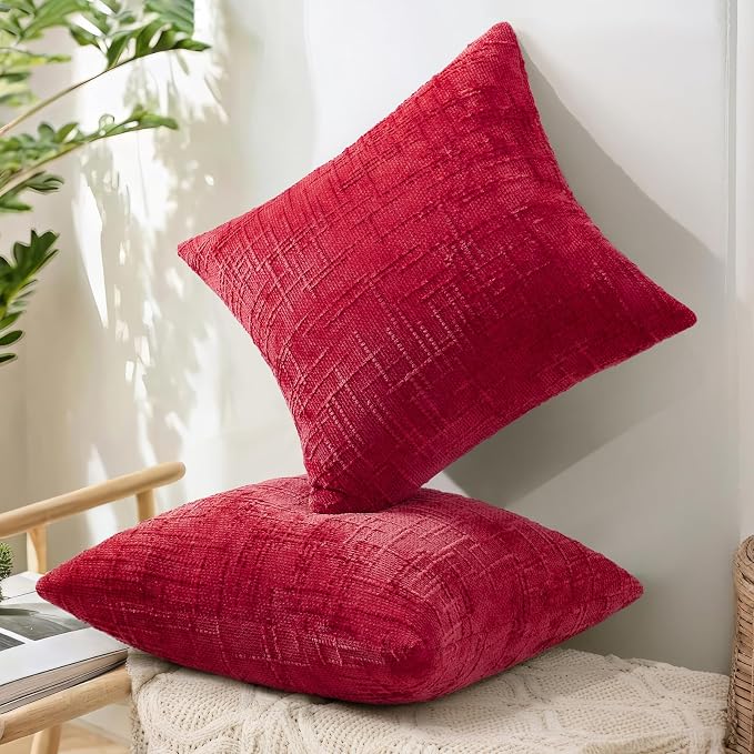 decorUhome Textured Chenille Throw Pillow Covers 16x16 Set of 2 Red | Fall Modern Farmhouse Soft Cozy Slubby Couch Pillow Cases Boho Decorative Pillow Cases for Bed Sofa Living Room Home Decor
