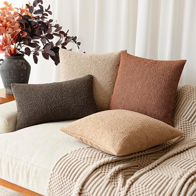 Foindtower Pack of 2 Textured Boucle Throw Pillow Covers Accent Solid Pillow Cases Cozy Soft Decorative Couch Cushion Case for Chair Sofa Bedroom Living Room Home Decor 18x18 Inch Burnt Orange Hazel