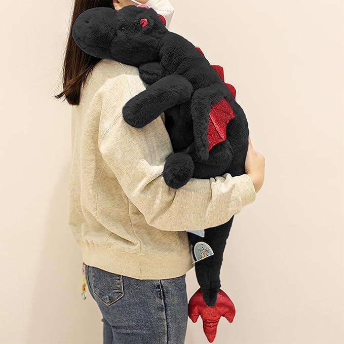 ARELUX Large 37in Cute Dragon Stuffed Animals Plush Toy Soft Black Pterosaur Plushie Giant Fuzzy Dinosaur Pillow Plushies with Wings Cuddly for Friends Family Member