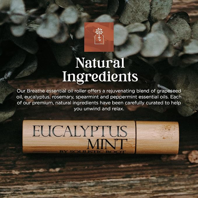 Soulistic Root Eucalyptus Mint Essential Oil Roll On – Aromatherapy Blend w/Peppermint, Spearmint, Rosemary – Breathe Rollerball for Self Care, Spa, Energy, Wellness – 10ml Bottle - for Men & Women