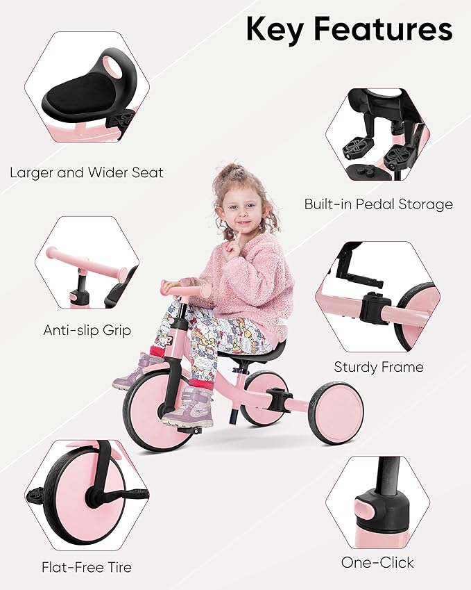 4-in-1 Toddler Tricycle for Ages 18 Months to 3 Years, Tool-Free Mode Switch, Tricycle for Toddlers 1.5-3 with One-Click Height Adjustment, Kids Trike and Balance Bike for 2 Years, Pink