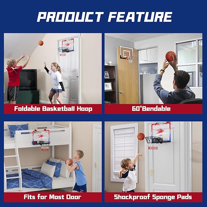 Mini Indoor Basketball Hoop with 7-Color Lights & 3-Light Effects & Scoreboard & Timer,Over The Door Bedroom Office Basketball Hoop for 5-7 8-12+ Year Old Kids Boys Birthday