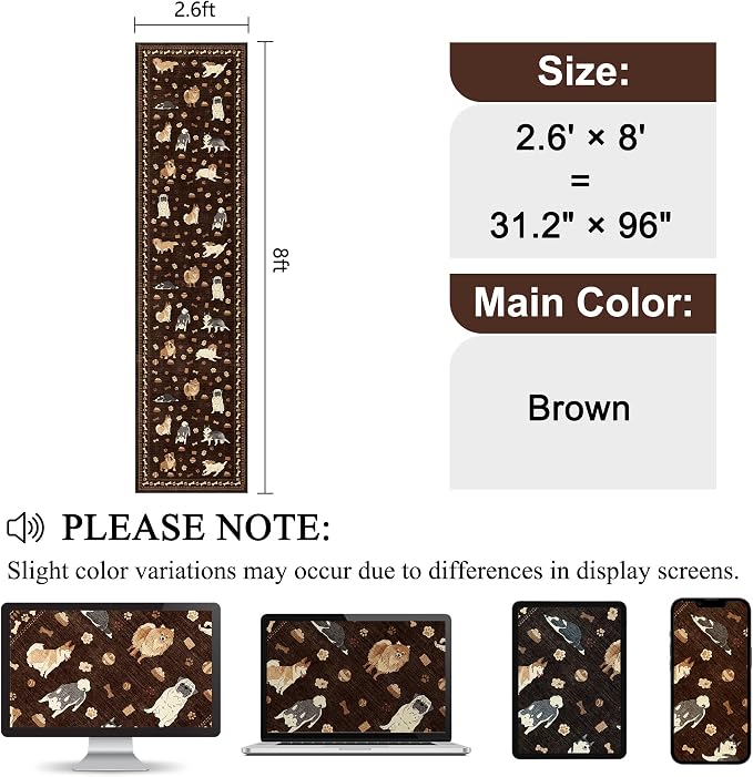 DUKINO 2.6x8 Kitchen Runner Rug, Washable Non Slip Dog Rug, Brown | Soft, Stain Resistant, Low Pile, Non-Shedding Animal Carpet Runner for Hallway Entryway Bathroom Laundry, Kid & Pet Friendly