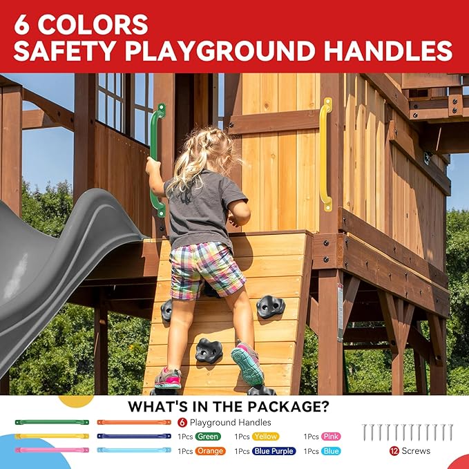 17.1 Inch Playground Handles Metal Monkey Bars Indoor Outdoor Swing Set Accessories Grab Handle Playset Hand Grips for Playhouse, Treehouse, Jungle Gym, Climbing Frame (6 Pack, 6 Colors)